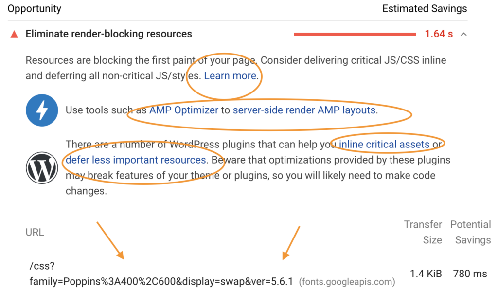 screenshot of opportunities given by pagespeed insights on this page as example of how to utilize google's resources