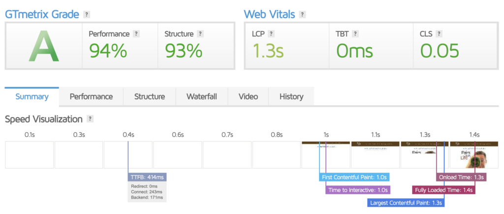 screenshot of a 94 performance speed score on john taylors wine podcast website after the seo optimization provided by blink web designs