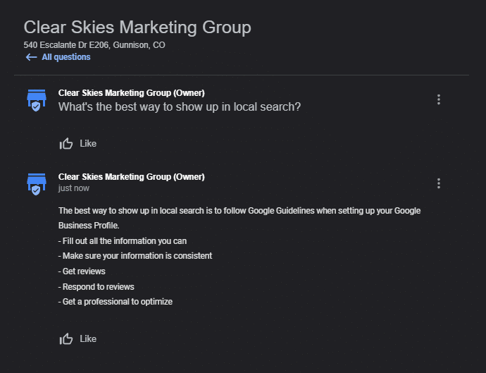 Clear Skies Marketing Group Question and Answer screenshot on Google 