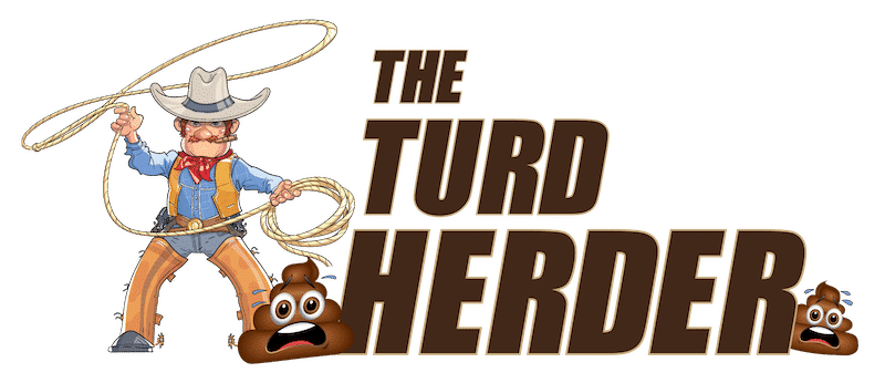 The Turd Herder logo is a cowboy with a lasso about to catch a poop emoji. 